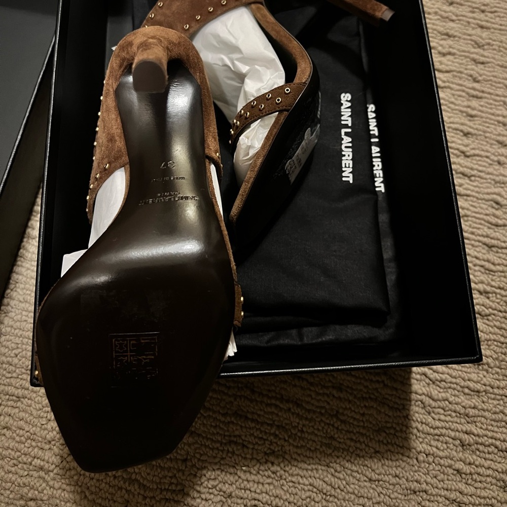 New Saint Laurent Suede Mica Stud Mule Sandals Size 37 Brown - Picture 9 of 9